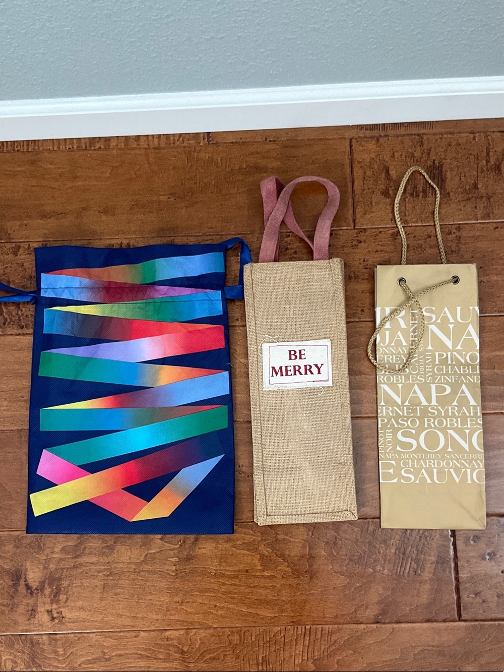 Canvas Wine Gift Bag Set - Multicolor, Be Merry Natural Burlap, Gold Wine Tote
